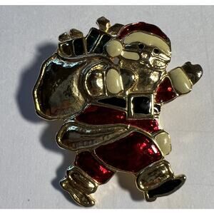 Brooch Pin Christmas Santa with Bag of Toys Brass Enamel Multicolored 1.5 "